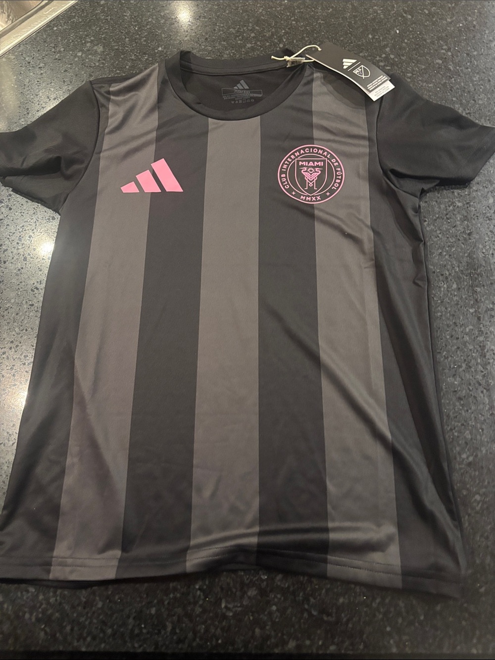 adidas XS women’s black and Pink Striped Messi Soccer Jersey